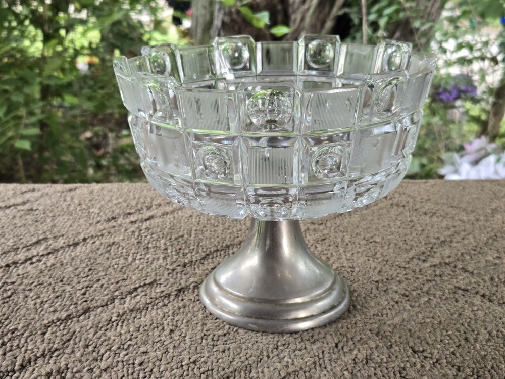 Vintage Crystal Clear Compote Stemmed Crystal Candy Dish Bowl Metal Base