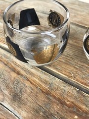 5 Vintage Mid Century Barware Roly Poly Black & 22K Gold Coin Shot Glasses MCM