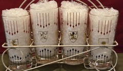MCM Crest & Arrows 10 oz Tumbler Glasses Set Of 8 W/ Carrier Excellent Condition