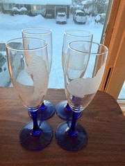 Vintage Cobalt and Clear Glass Etched «Dogs» Glassware Numbered Engraved 4set