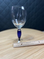 6 Hand Blown Clear Controlled Bubble Red Wine Goblets With Cobalt Blue Stems 8oz