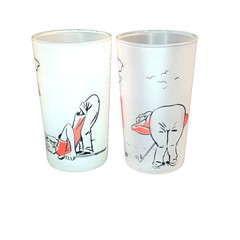Vintage Hazel Atlas Style Golf Theme Frosted Glass Tumblers Set 2 Red Black ’50s