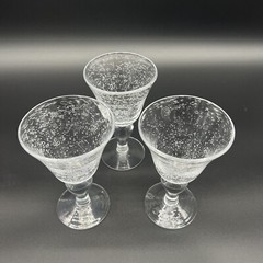 Clear Seeded Bubble Set of 3-6.5″ Water Wine Goblets Hand Blown Zrike GOTHIC