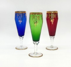 Vtg Bohemian Wine Flutes Ruby, Emerald & Sapphire w/Gold Trim Clear Stems 7″