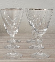 SET OF 6 FOSTORIA Crystal ENGAGEMENT 5 1/4″ cordial GLASSES PLATINUM TRIM RIm