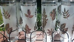 7 Vintage Libbey Silver Foliage Frosted Highball Glasses With Caddy MCM Barware