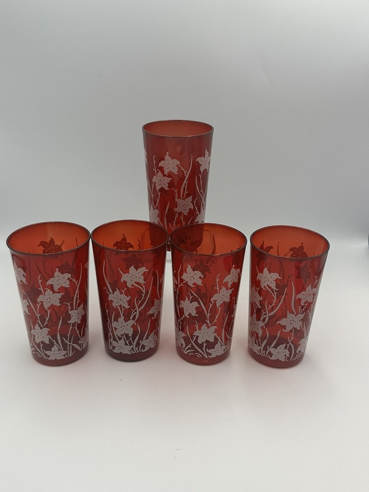 Vintage Ruby Red Juice Glasses 4.5” White Flowers Set Of 5