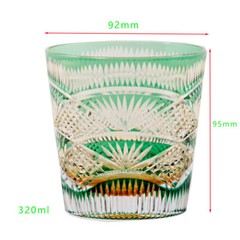 Japanese Style Edo Kiriko Drinkware Hand Cut To Amber Green Whiskey Glass 11oz