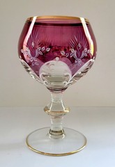 Moser Style Art Nouveau Bohemian Cranberry Crystal Goblet Handpainted Gold Trim