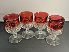 LANCASTER-COLONY CRANBERRY CROWN THUMBPRINT Flash WATER GOBLETS Set/4 EXCELLENT
