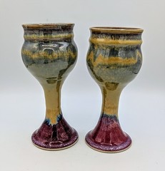 Pair of 7″ Studio Art Pottery Goblets Handcrafted Stoneware Drip Glaze
