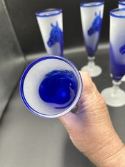 VTG Cameo Glass Horse Champagne Flutes 5 Pc Blue Frosted Hand Carved Equestrian