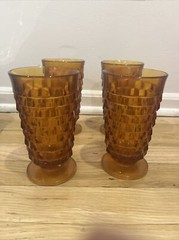 Set Of 4 Vintage Indiana Whitehall Cubist Amber Footed Wine Iced Tea Glasses 6″