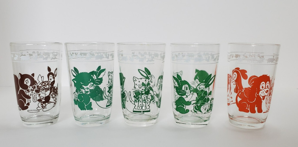 Vintage 5 Kraft Juice Glasses Swanky Swigs Kiddie Cup Green Brown Orange