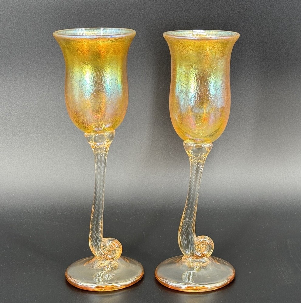 Set of (2) Hand Blown 10.25” Tall Iridescent Wine Champagne Glasses Twisted Stem