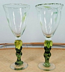 2 Murano ? Signed Blown Art Glass Green Goblet Figural Stem Stemware Barware 8″