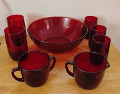 Vintage Ruby Red Glass Set of 8 – Bowl, Tumblers, Cups, VG