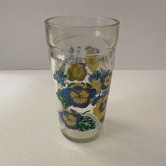 Vintage MCM Anchor Hocking Blue & Yellow Pansy Jelly Jar Tumbler Glass 6” H