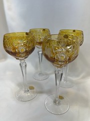 Nachtmann «Traube» Amber/Yellow Cut to Clear Crystal Hock Wine Glasses 4 *READ*