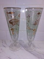 Vtg 2 Libbey Marine Life Pilsner Glasses Fish Seahorse Beach Tropical Gold Aqua