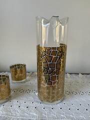Mid Century 22k Gold Mosaic Pitcher & Set Of 6 low ball glasses- hard to find