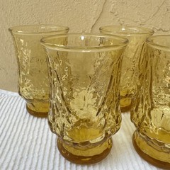 VTG Set Of 7 Anchor Hocking Rain Flower Amber Flat Tumbler Juice Glasses 6 Oz.