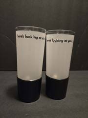 Frosted Glass Tumbler Set of 2 with ‘here’s looking at you’, Black Base, HTF