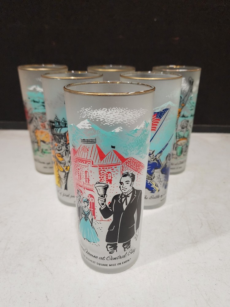 SET OF 6- Libbey Frosted Glasses Colorado Centennial Rush to the Rockies 1959