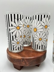 Vtg Black Stripe Retro Daisy Flower Power Drinking Glasses MCM Mod 60s