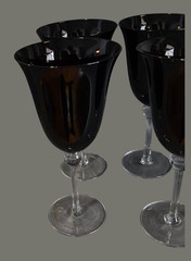 Vintage Set of Six Black Dark Amethyst Clear Stem Goblets Glasses