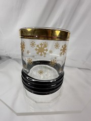 SANGO SUE ZIPKIN Gold Snowflake Old Fashion Rocks LowBall Scotch Whiskey Glass