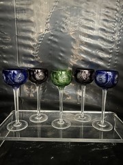 SET OF 5 MULTI-COLOR CUT TO CLEAR CRYSTAL TALL WINE GOBLETS {784}
