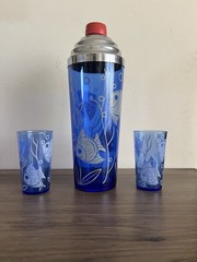 Vintage Hazel Atlas angel fish ritz blue cocktail shaker 2 Glasses 30s heavy
