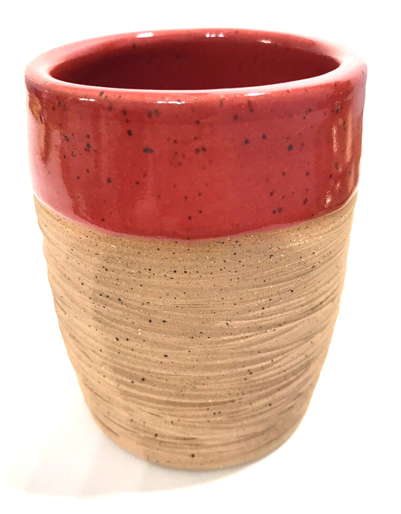 Art Pottery Cup Red and Beige Textured Exterior Glossy Interior Makers Mark