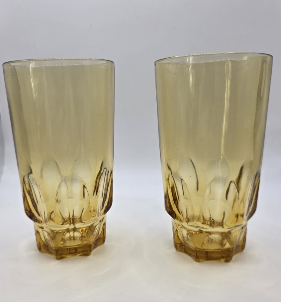 2 Vtg Amber Gold Tumblers Thumbprint Panel Glasses Continental Can Co.