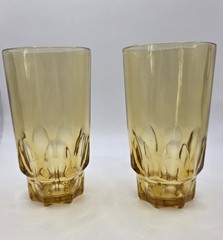 2 Vtg Amber Gold Tumblers Thumbprint Panel Glasses Continental Can Co.