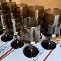 Lot of 9 Vintage Libbey Amber Ombre Footed Glass 1960s MCM Wine Water Glasses