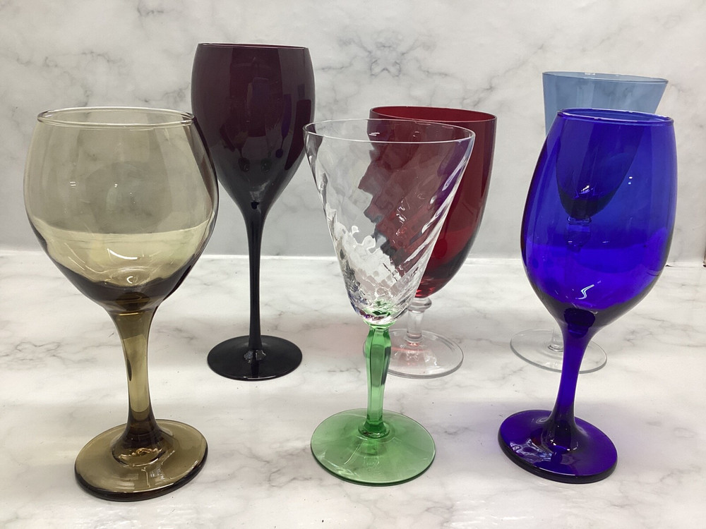 Vintage 6 Mismatched Rainbow Wine Goblets- Mixed Colored Glasses (6)
