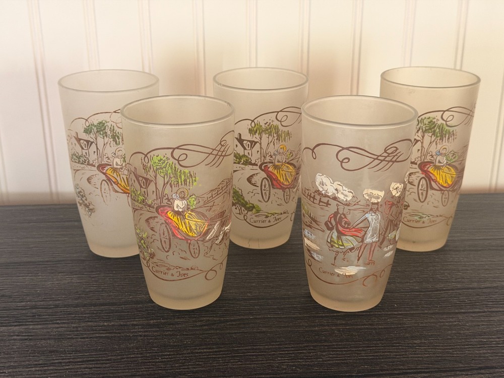 Vintage Currier & Ives Frosted Glass Tumblers Set of 5 Colonial Americana 5.75″