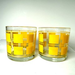 MCM Libbey Yellow Square Geometric Pattern Whisky Glasses Pair Set 3×3”