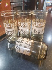 Libbey Brown Glass Beige Flowers & Band 6 Cooler Glass Tumblers 6 3/8 » 16 oz