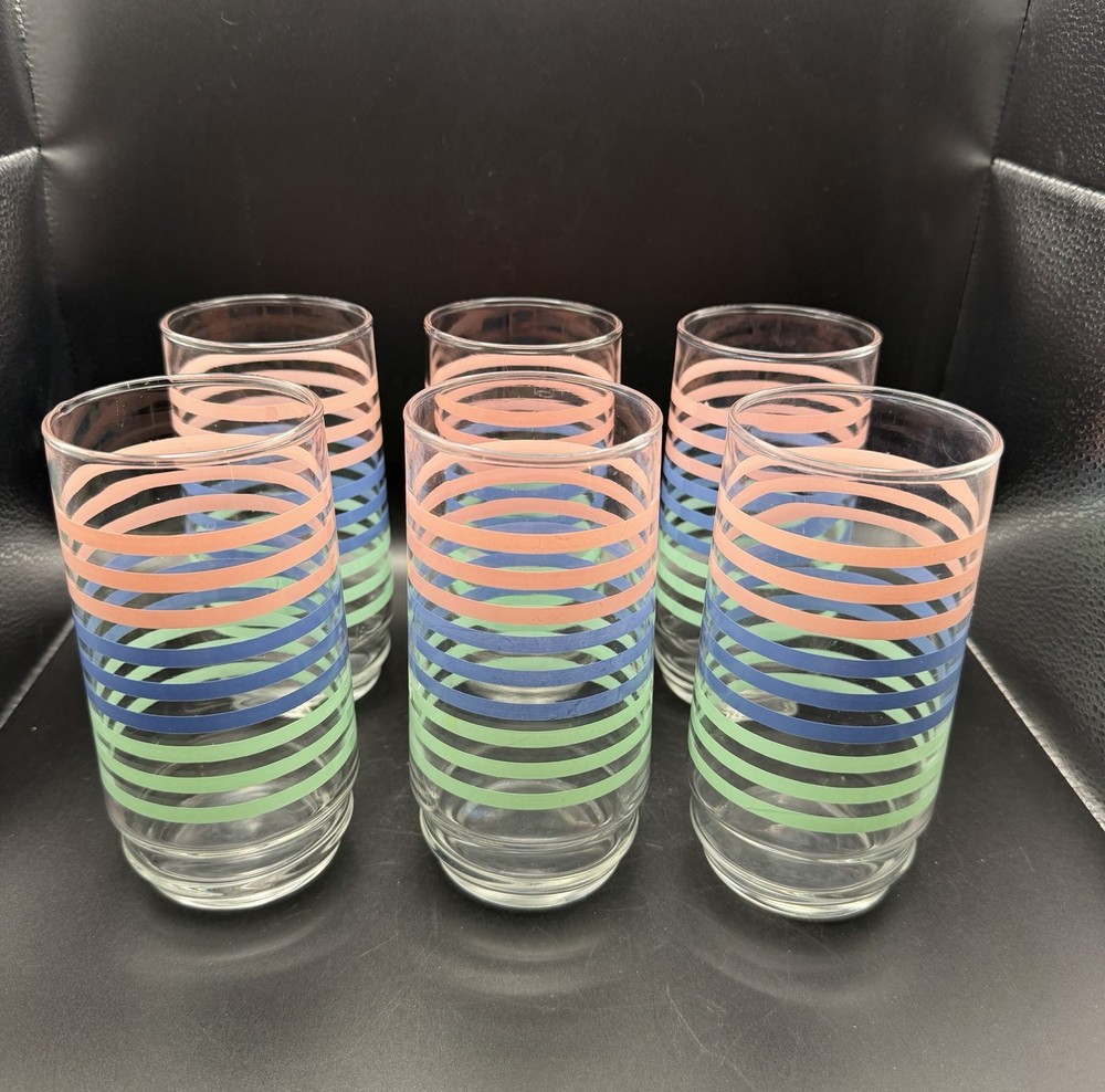 Vintage Striped Tumblers Glasses Pink Blue & Green Pastel 70’s 80’s Set Of 6 EUC