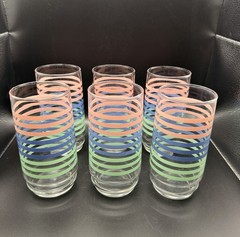 Vintage Striped Tumblers Glasses Pink Blue & Green Pastel 70’s 80’s Set Of 6 EUC