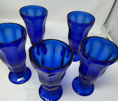 ANTIQUE 5 Cobalt Blue Goblets Panel Footed Glasses Water Ice Cream Ice Tea Malt