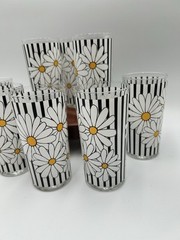 Vtg Black Stripe Retro Daisy Flower Power Drinking Glasses MCM Mod 60s
