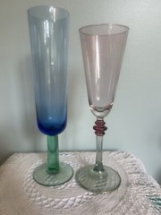 Champagne Flutes. Cobalt Blue And Green, Pink And Green