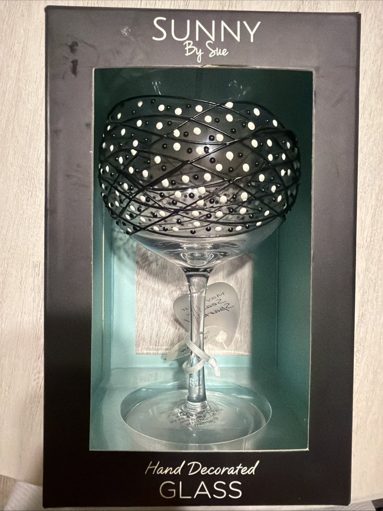Hand Decorated Gin Glass Sunny By Sue Black And White Dots Wine Goblet Beautiful