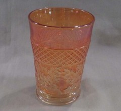Vintage Marigold Carnival Glass Tumbler Dugan Diamond Lattice and Daisy Pattern
