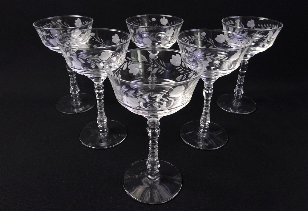 6 Vtg Libbey Rock Sharpe Tulips Tall Sherbet Champagne Glasses 6.25″