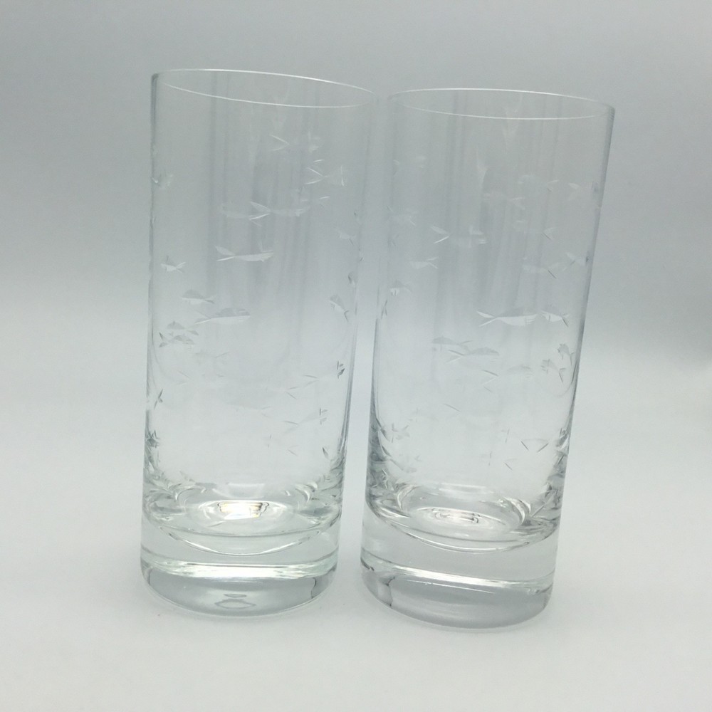 2 Crate & Barrel REEF Fish Hand Cut Clear Glass Highball Tumblers 6 ⅜» Poland